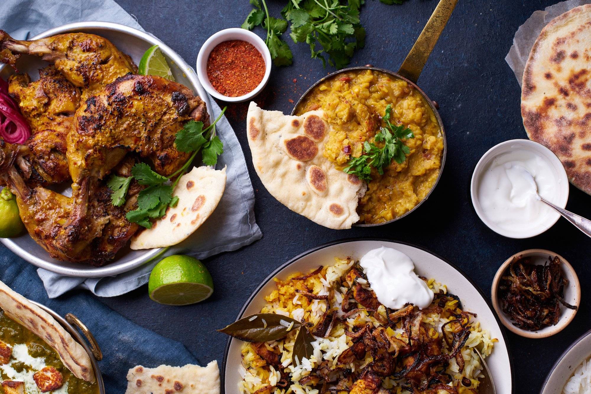 Indian cuisine dinner: tandoori chicken, biryani